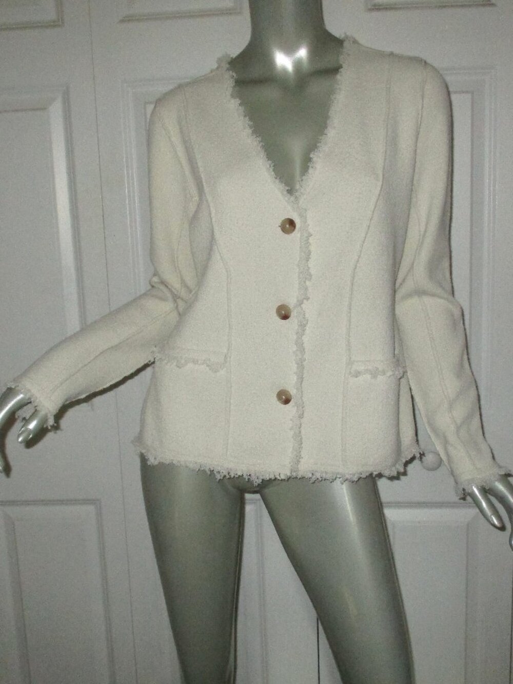 JOIE Cream Frayed Edge Cardigan Sweater Pockets Size Medium